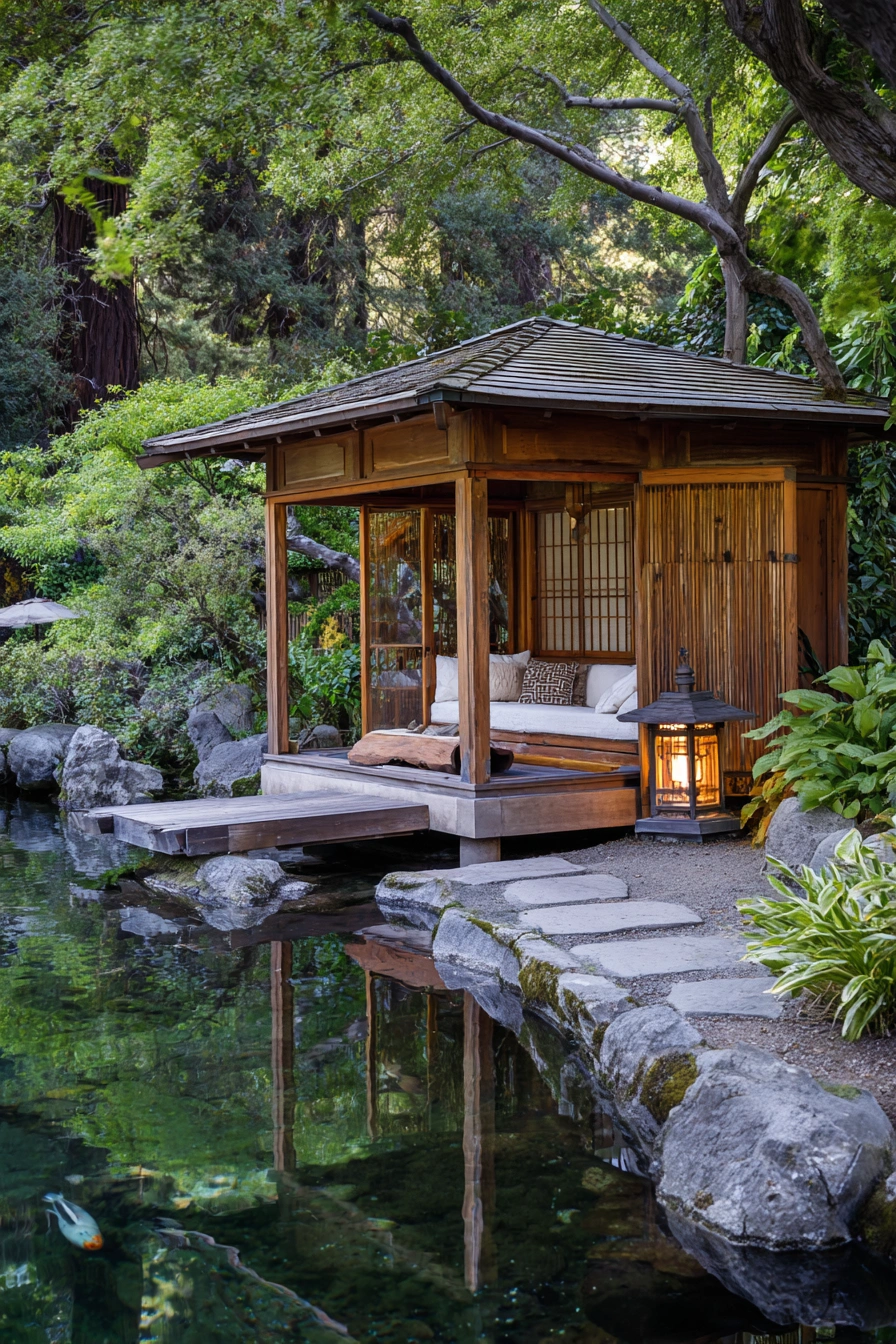 Zen Garden Gazebo Overlooking a Koi Pond