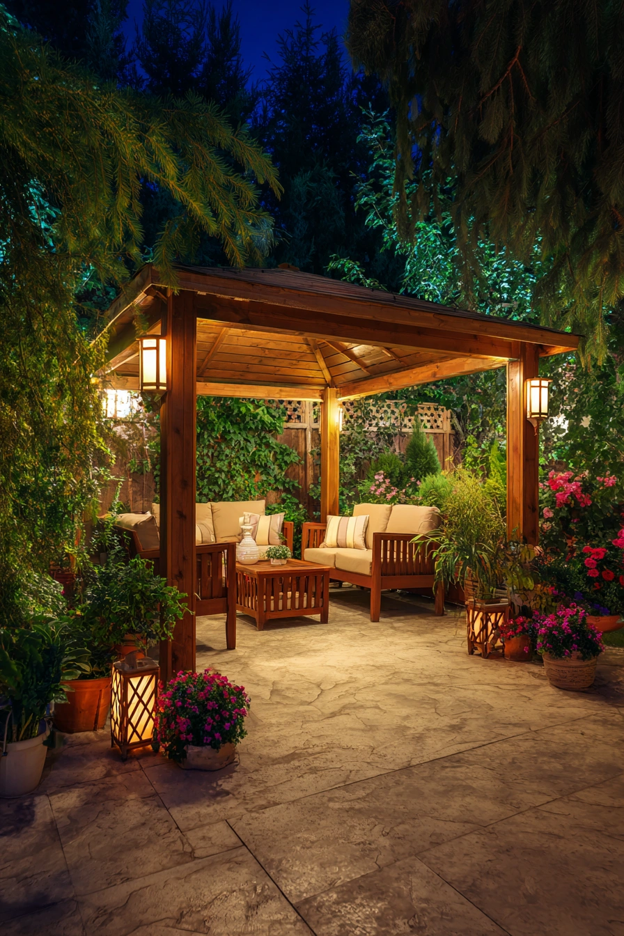 Cozy Wooden Gazebo with Nighttime Glow