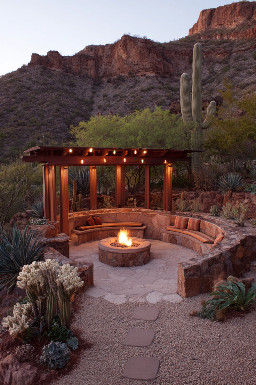 Desert-Inspired Gazebo with Fire Pit Glow