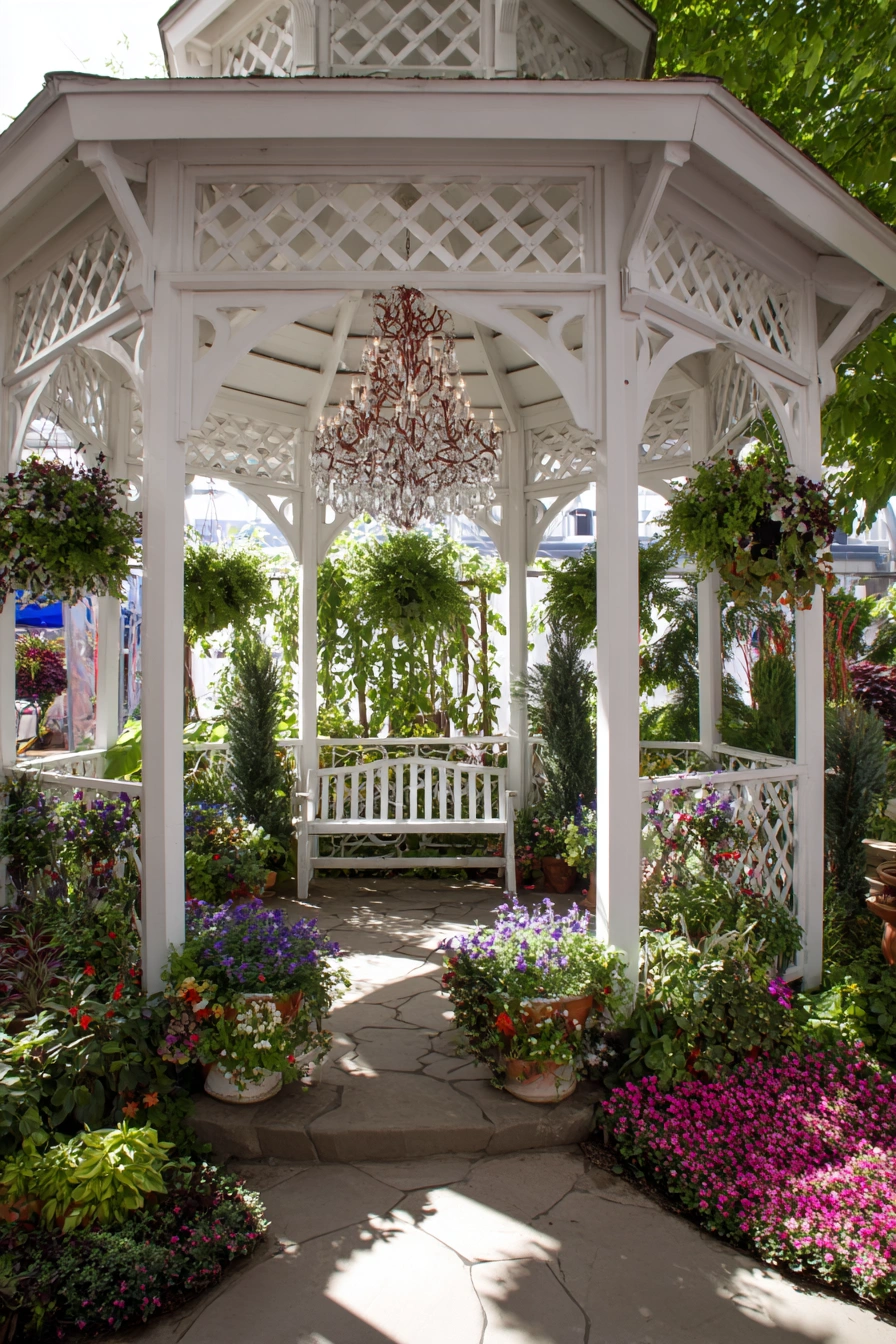 Romantic White Gazebo with Garden Blooms