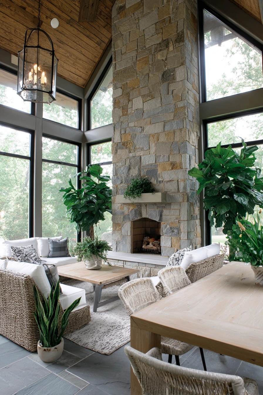 Lush Greenery Meets Stone Hearth Charm