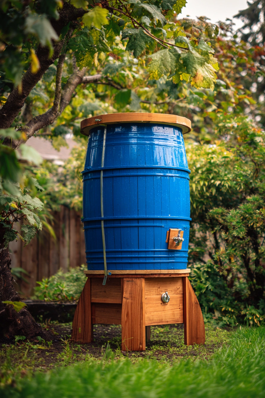 Rustic Rain Barrel with Wooden Stand