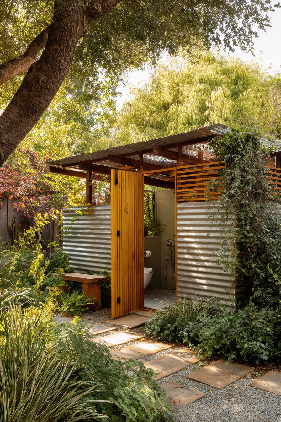Chic Outdoor Bathroom with Cattle Panel Walls