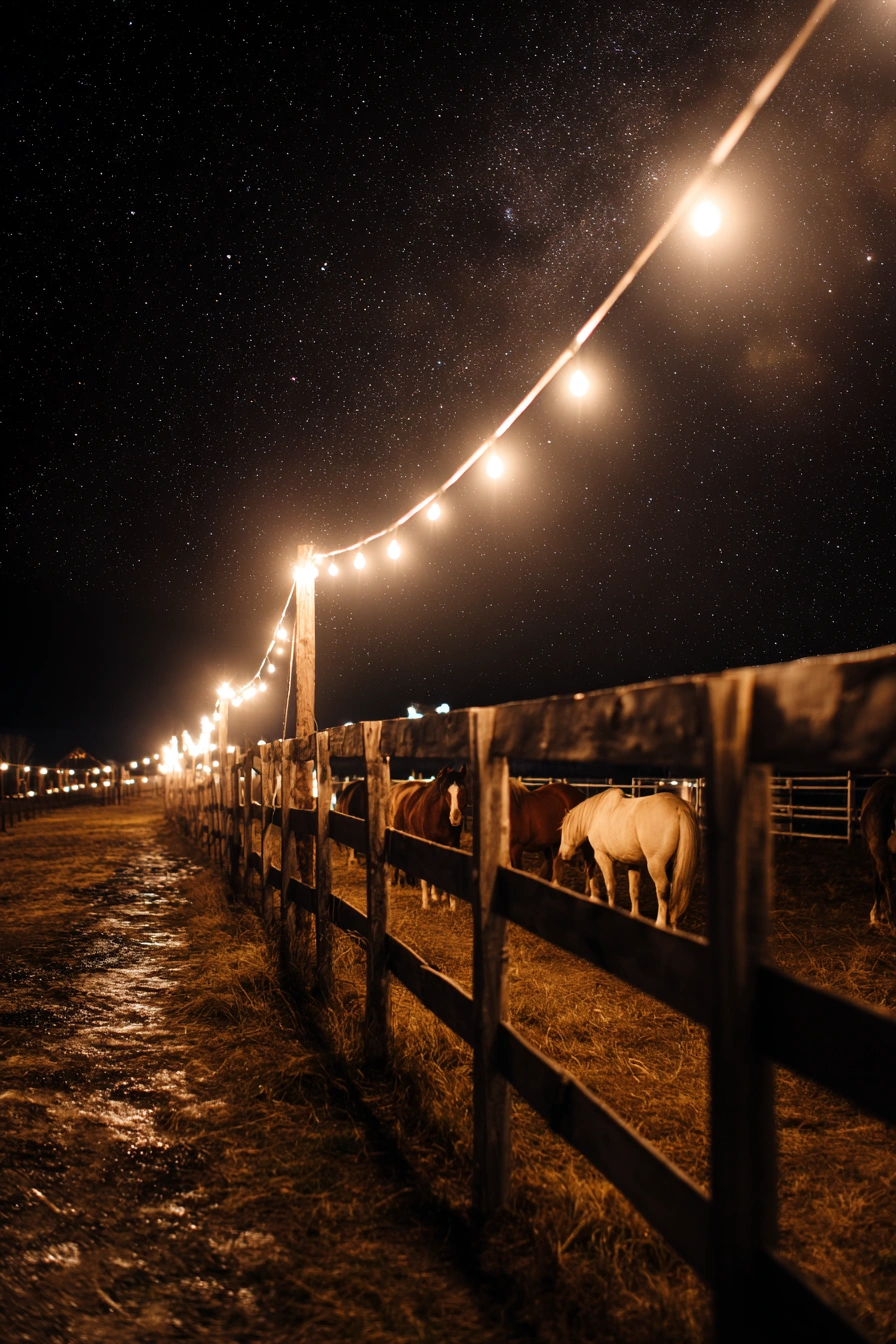 Cattle Panel Fencing with Farmhouse String Lights