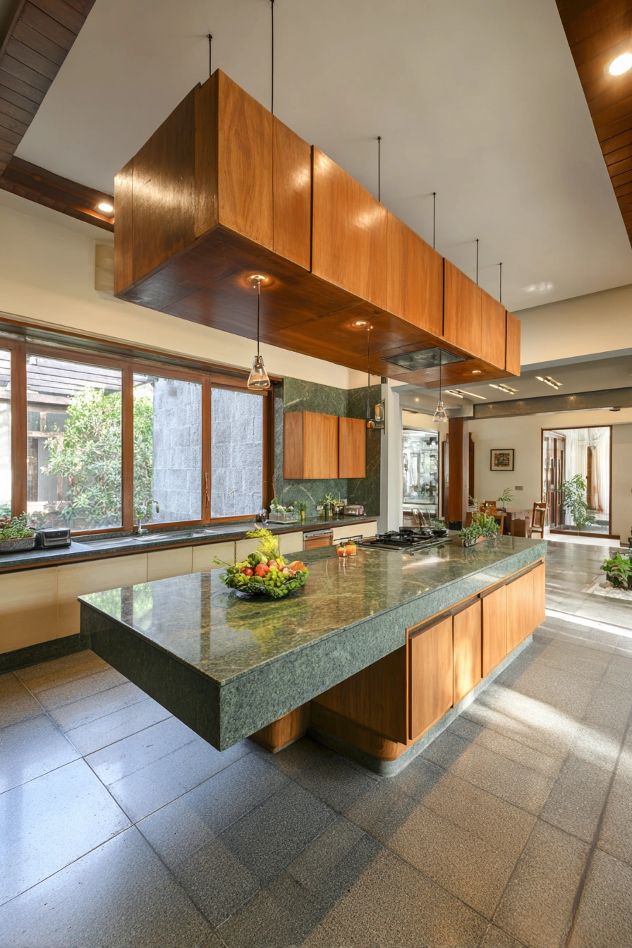 Floating Green Granite Island with Warm Wood Accents