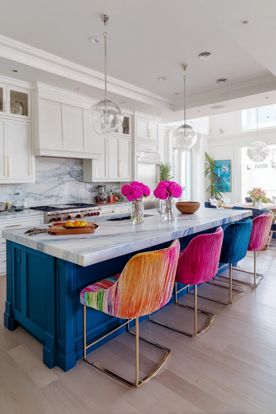 Vibrant Kitchen Island with Rainbow Seating