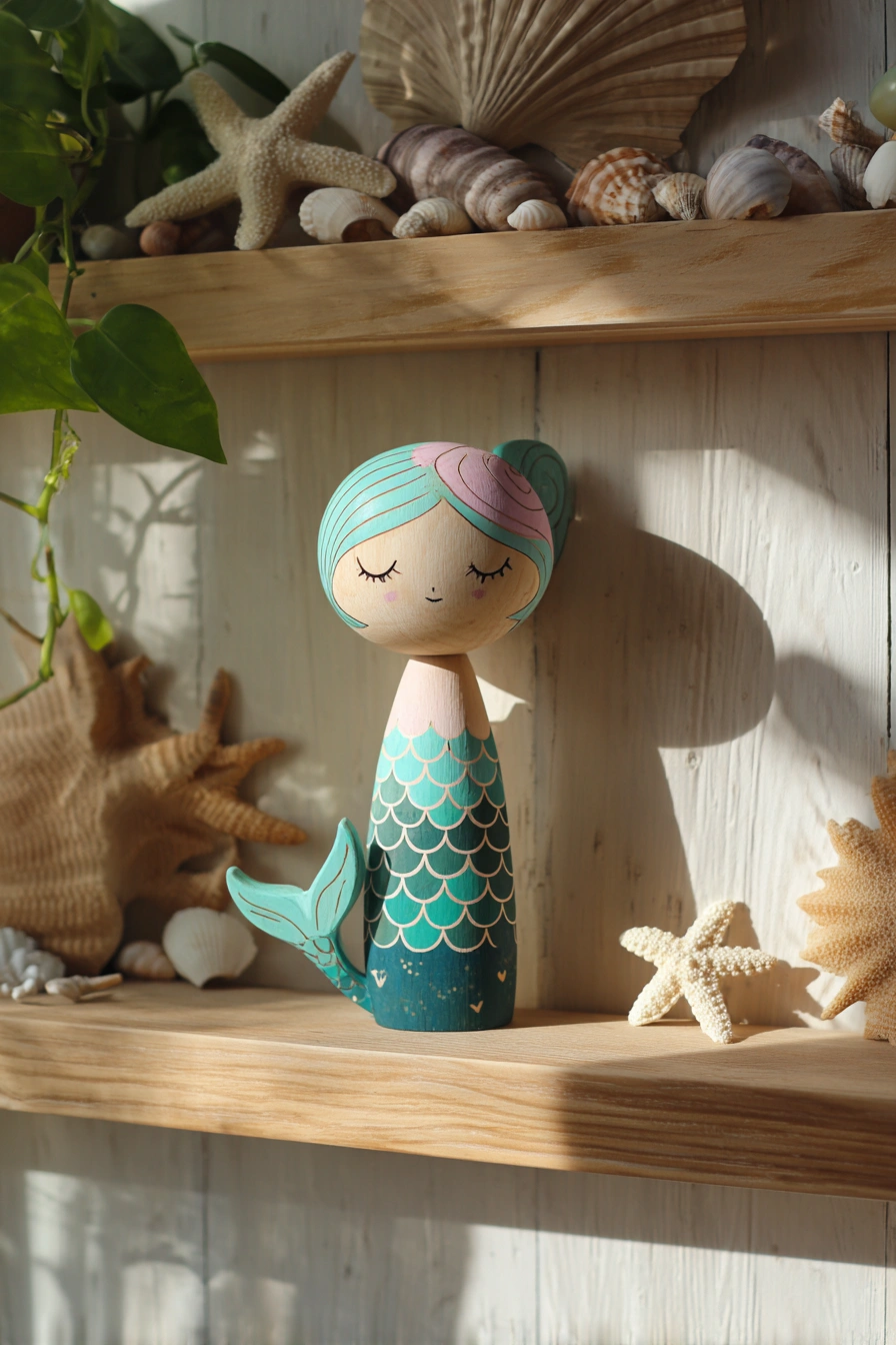 Whimsical Wooden Mermaid Shelf Decor