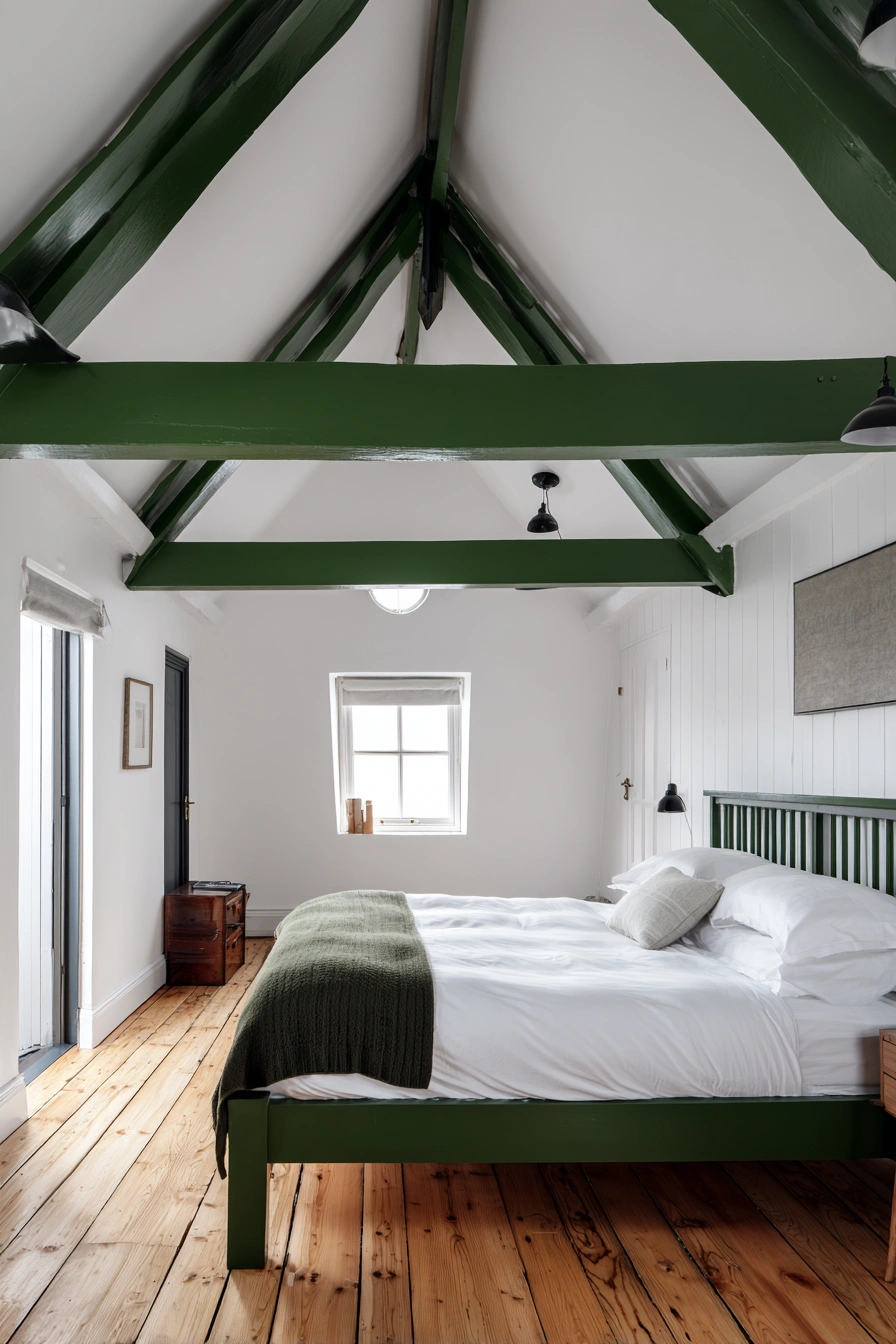 Scandi-Farmhouse Bedroom with Green Beams