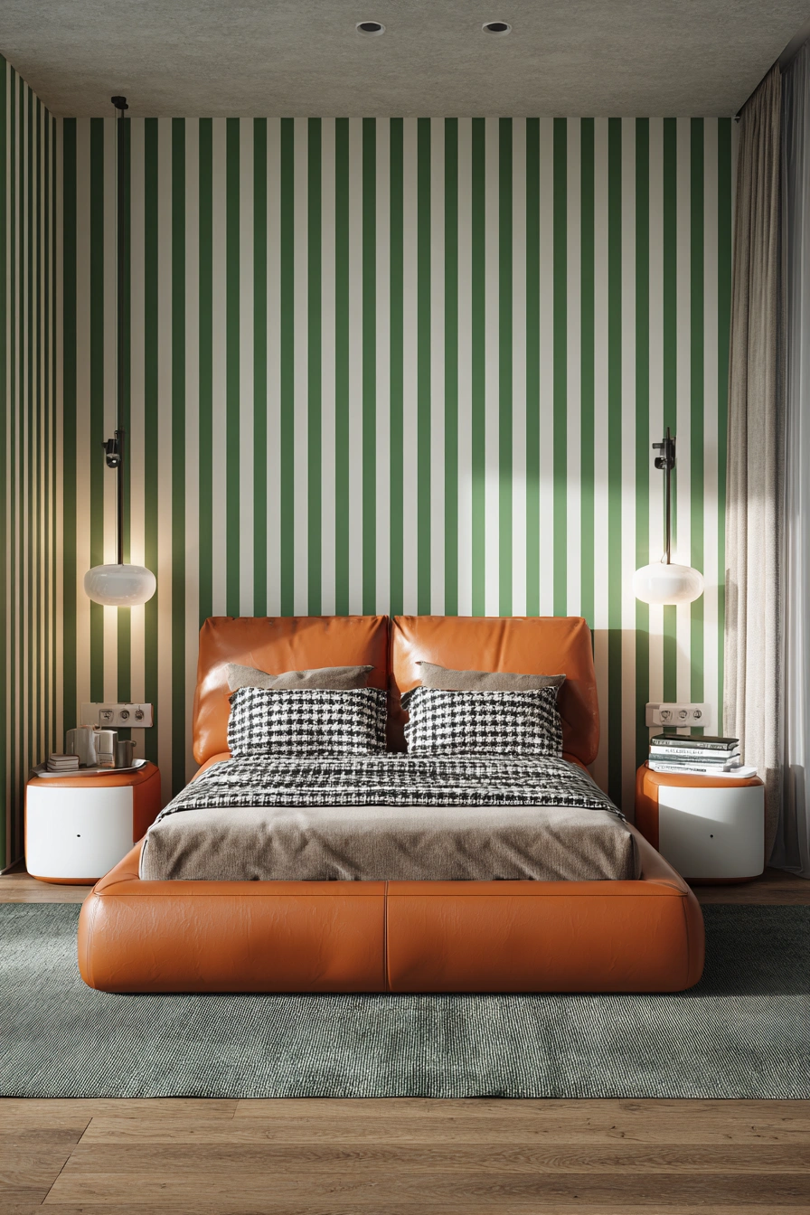Retro-Chic Bedroom with Bold Green Stripes