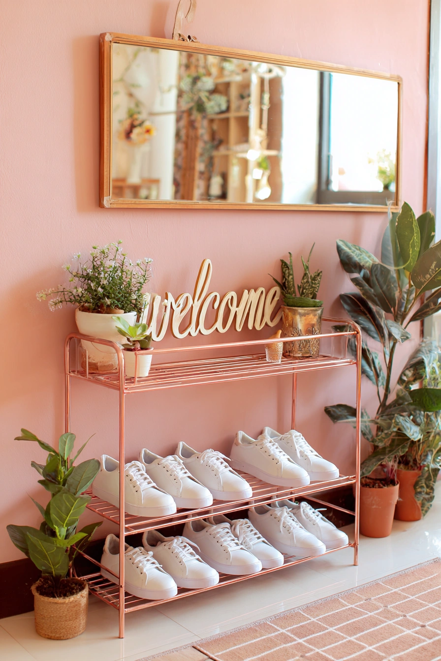 Blush-Toned Shoe Rack with a Warm Welcome