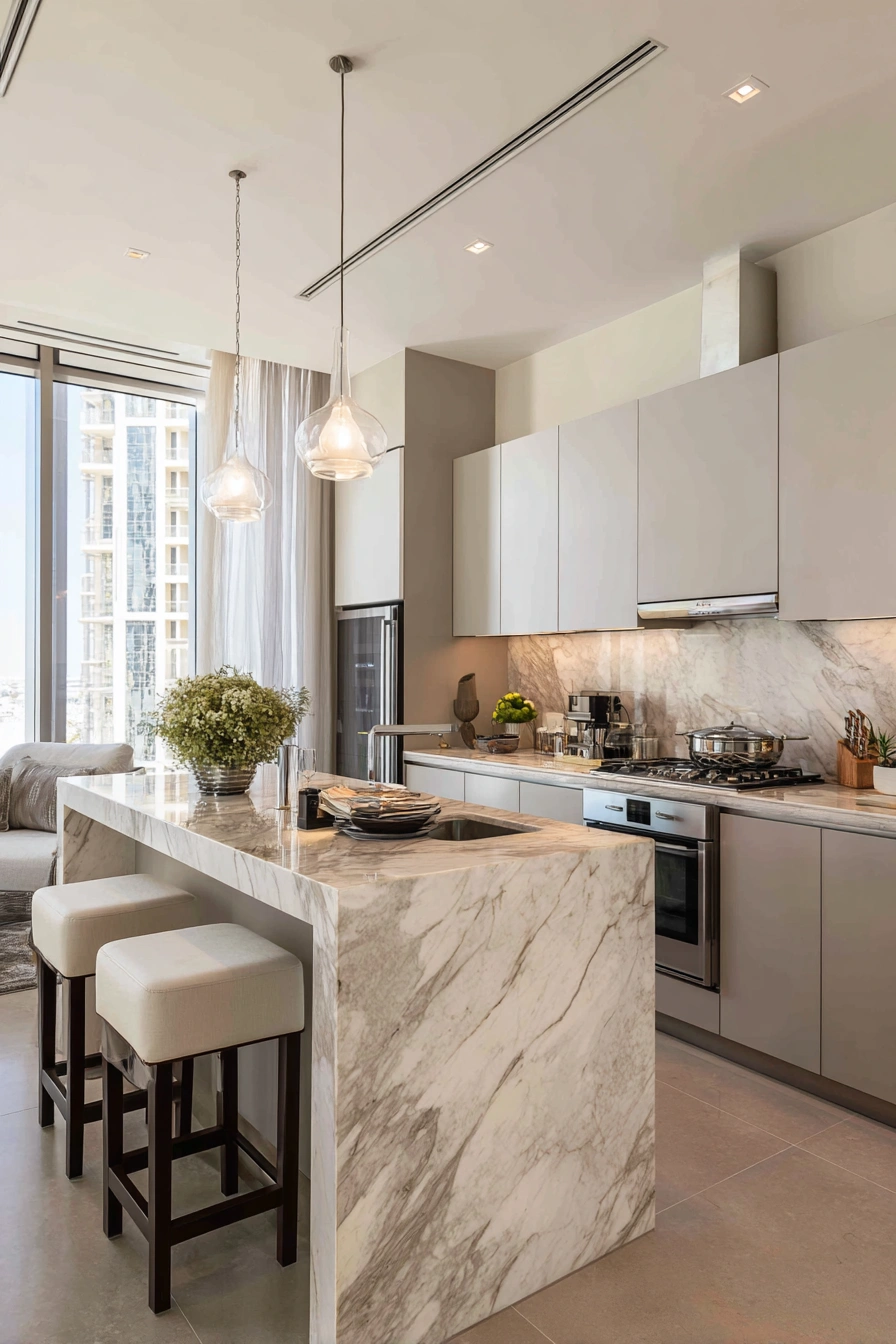 Chic Marble Kitchen with City Views