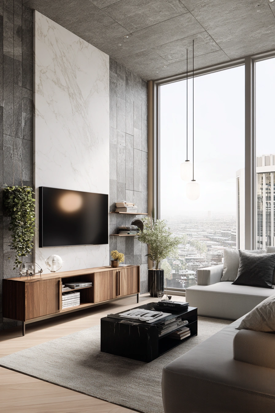 Urban Luxe TV Wall with Skyline Views