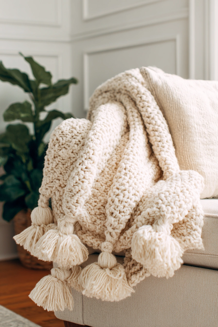 Chunky Tassel Crochet Throw Blanket