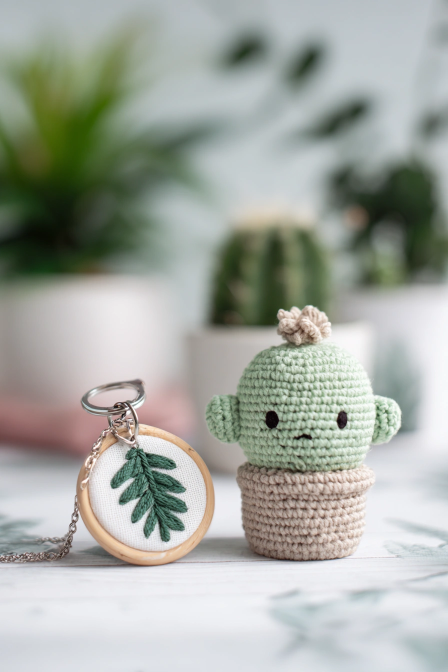 Cute Crochet Cactus & Embroidered Keychain Charm