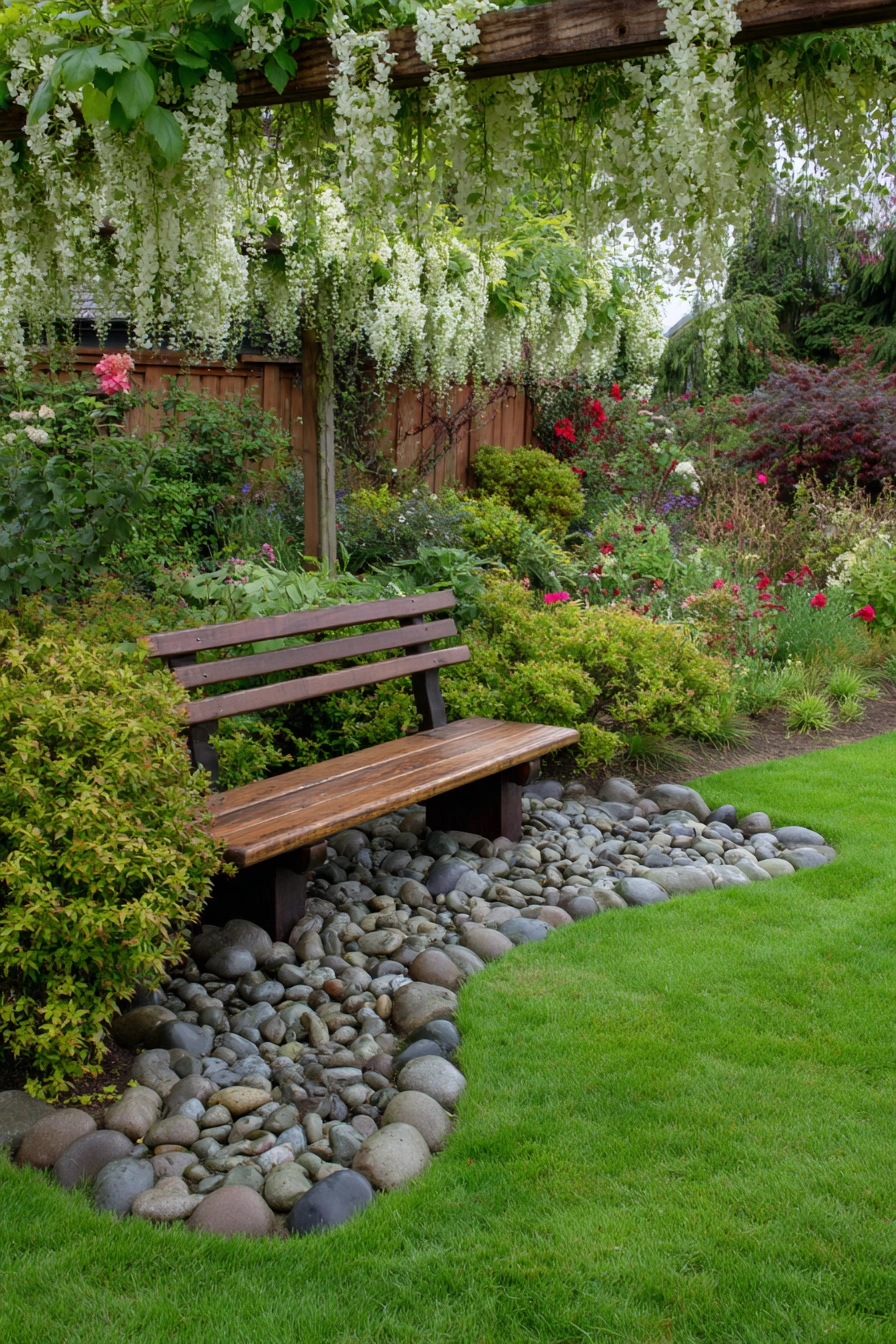 Tranquil Garden Bench Under Blossoming Canopy