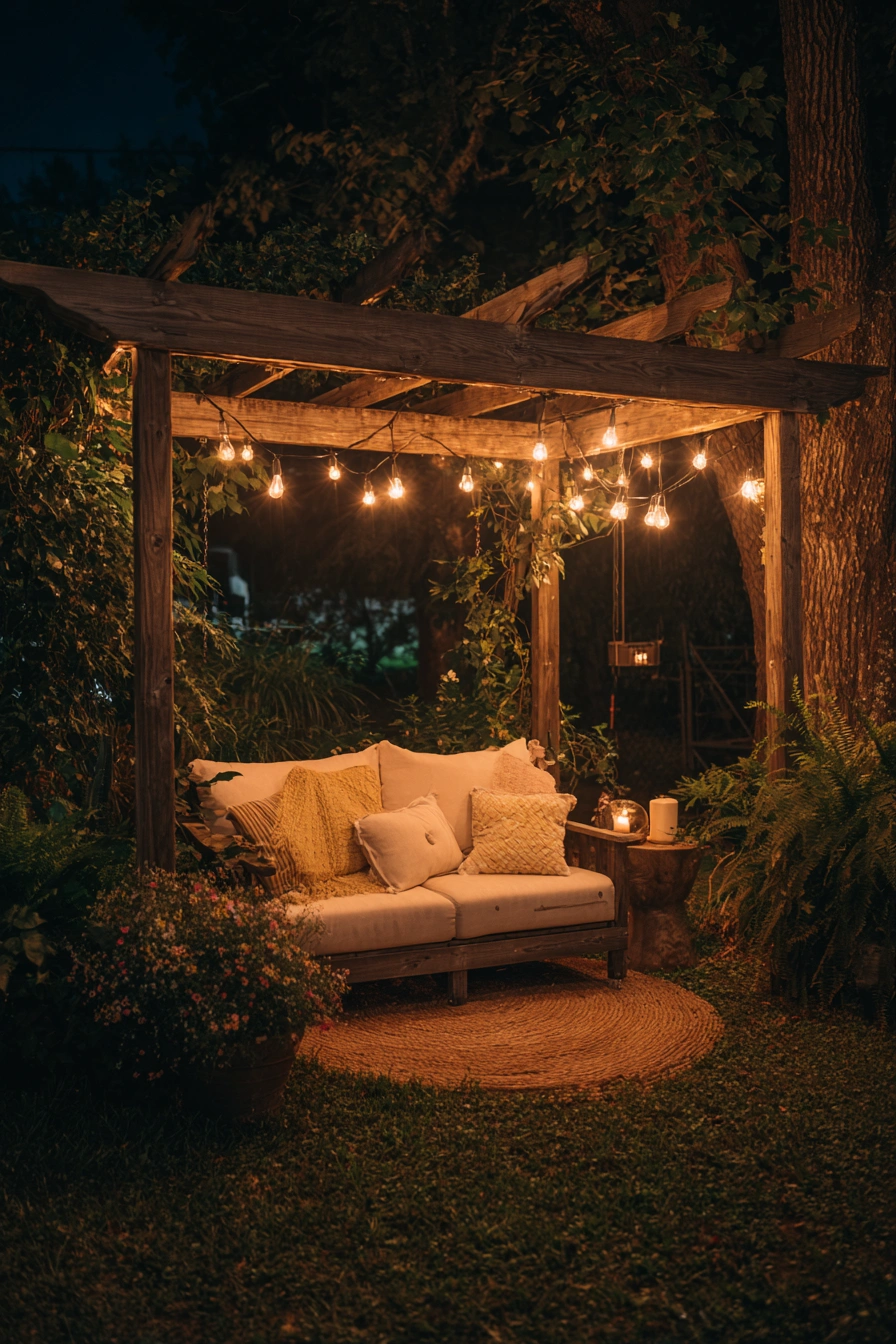 Cozy Garden Lounge Under String Lights