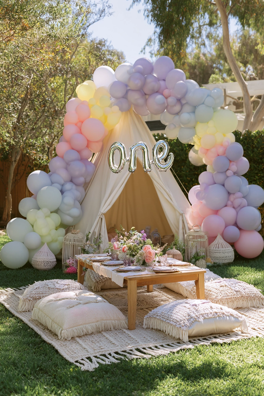 Pastel Balloon Garden Picnic Setup
