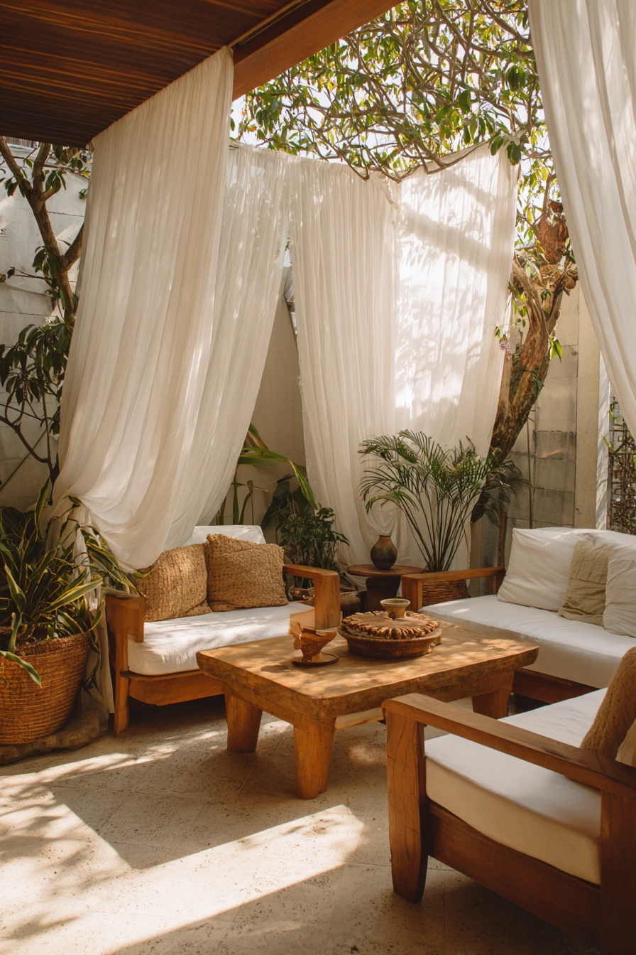 Serene Curtain-Covered Patio Oasis