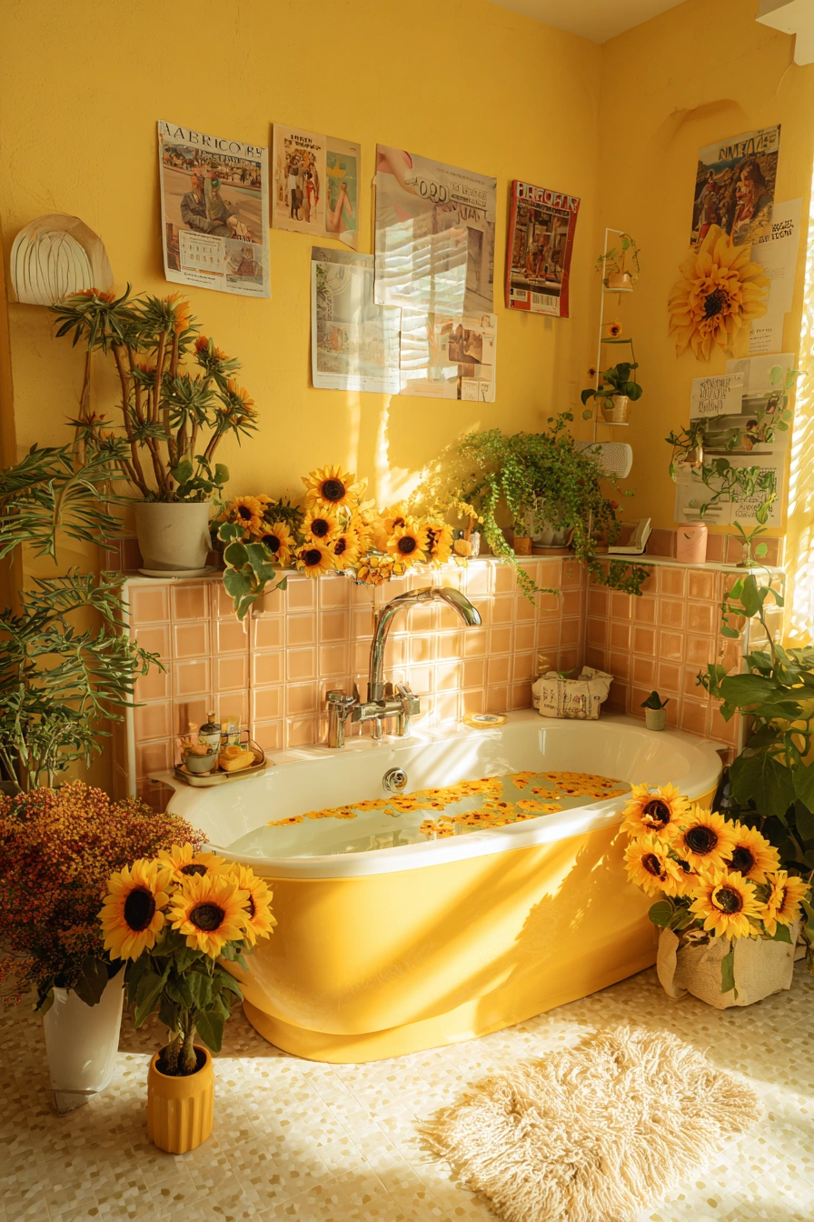 Sunflower-Soaked Boho Bathroom Bliss
