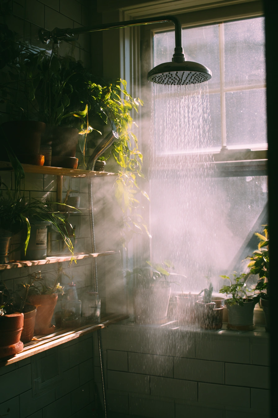 Steamy Shower Garden with Golden Light