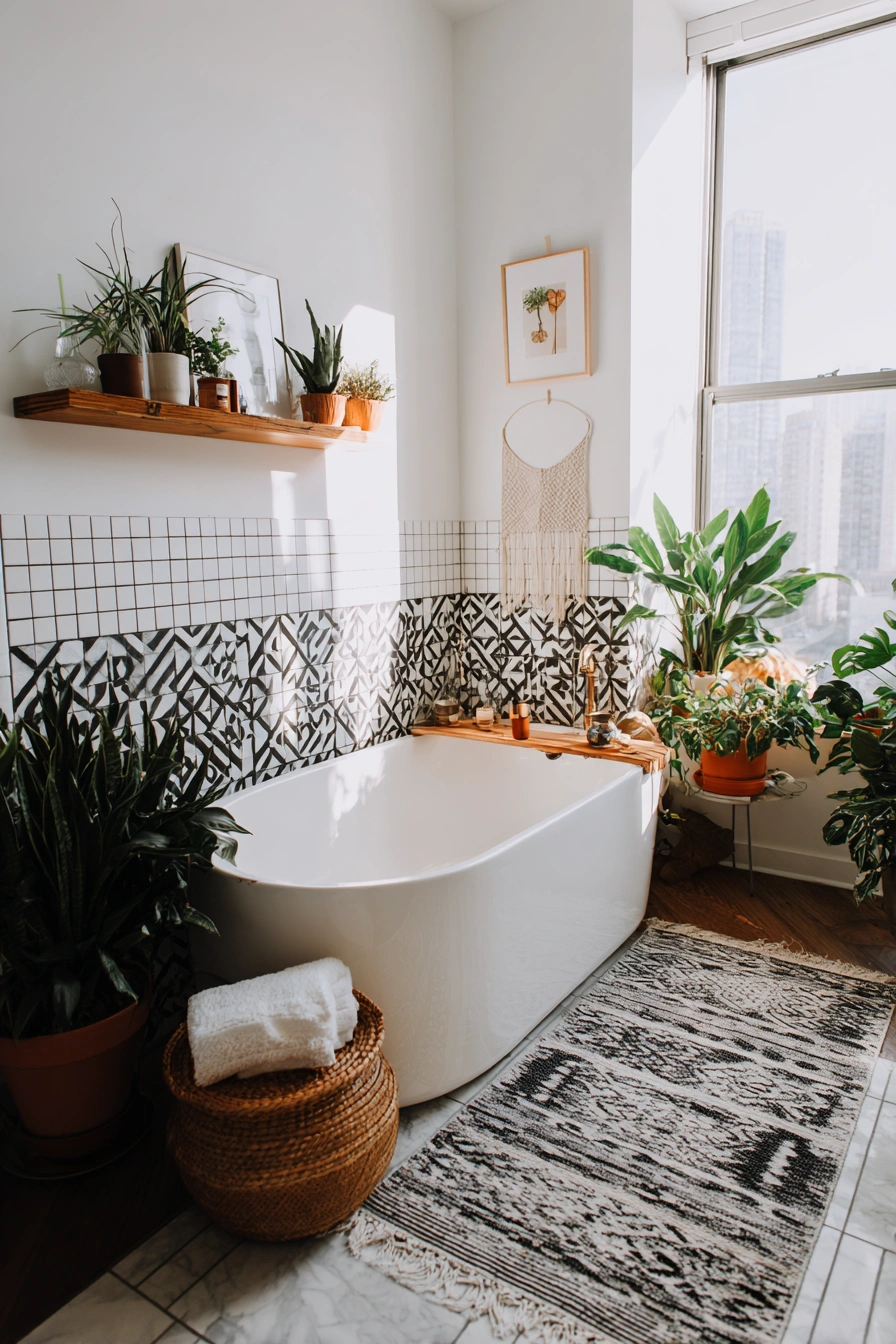 Boho Bathroom with Sunlit Greenery