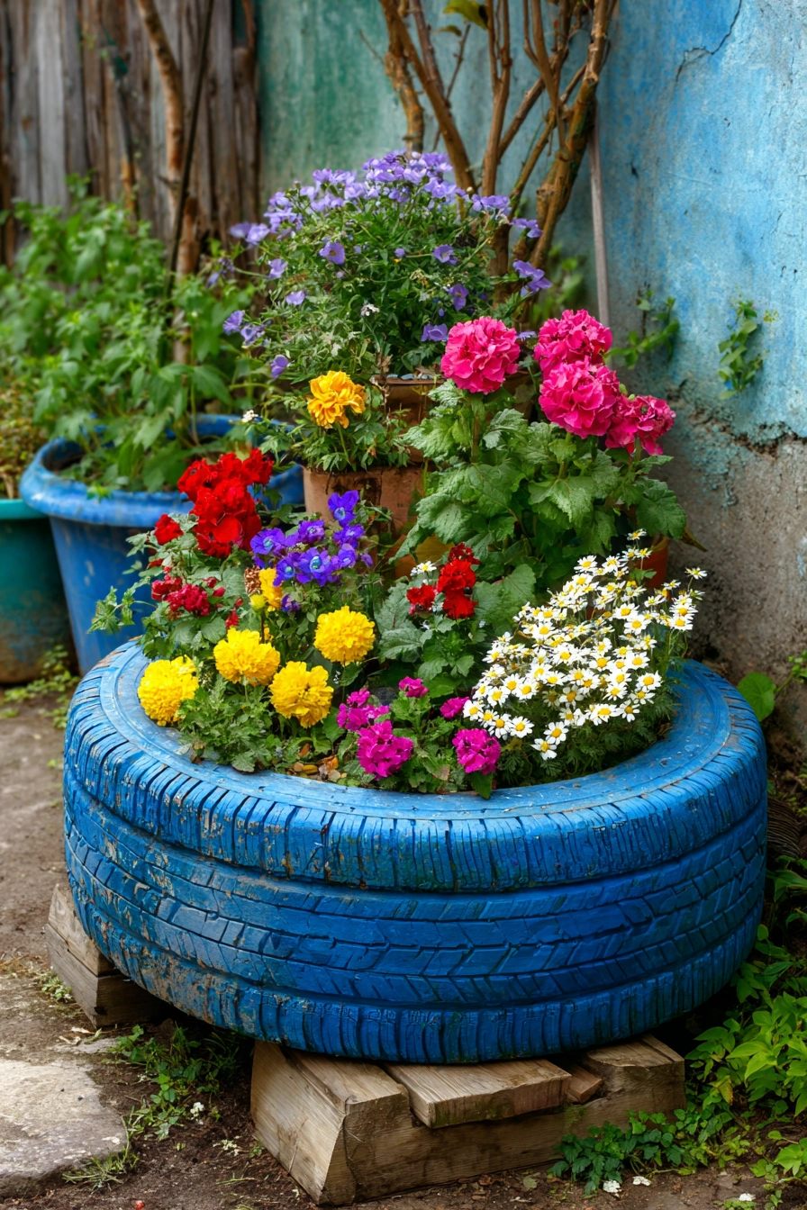 Colorful Tire Planter Garden Art