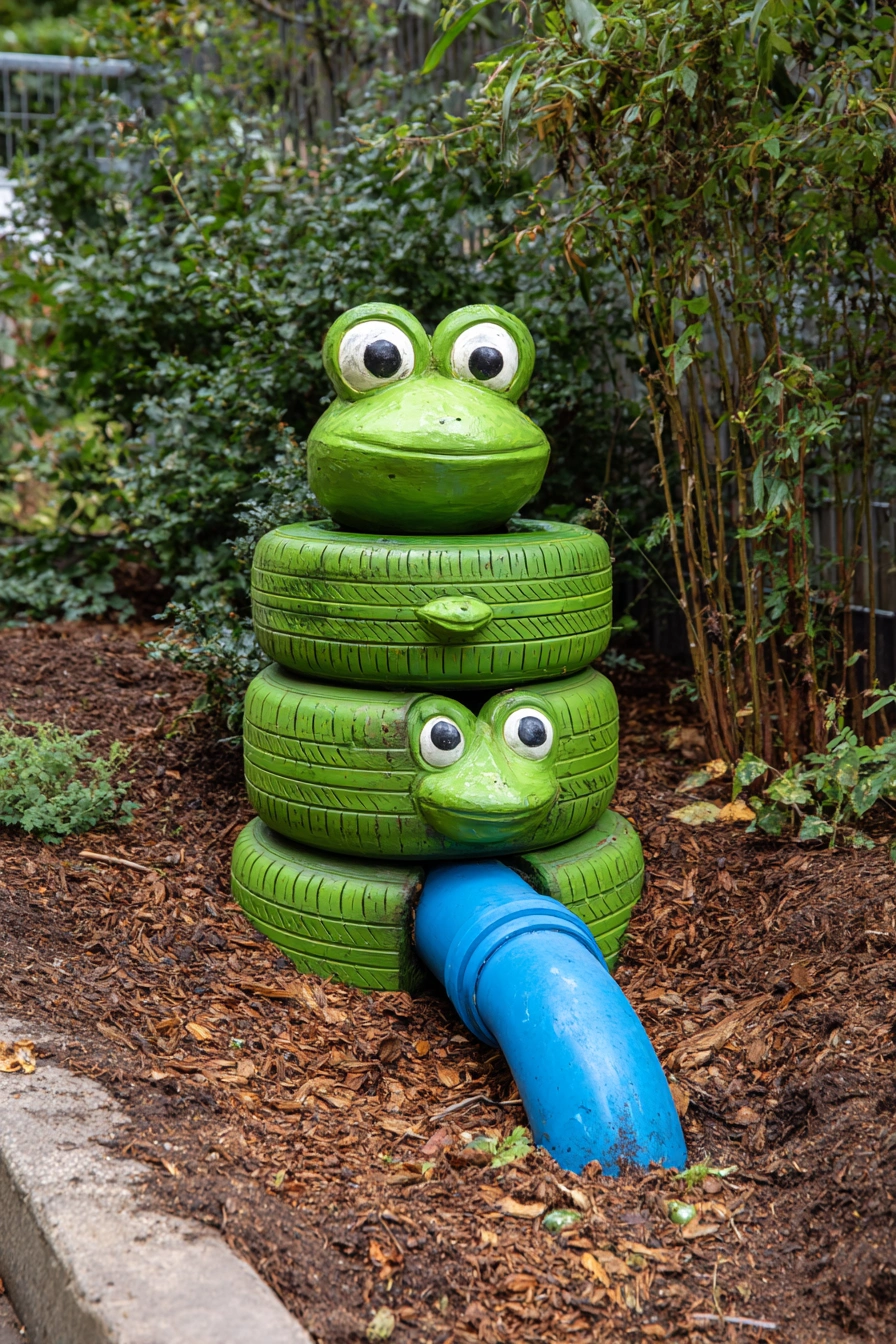Playful Frog Tire Garden Sculpture