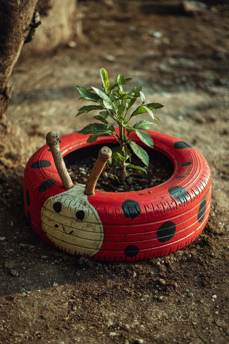 Whimsical Ladybug Tire Planter