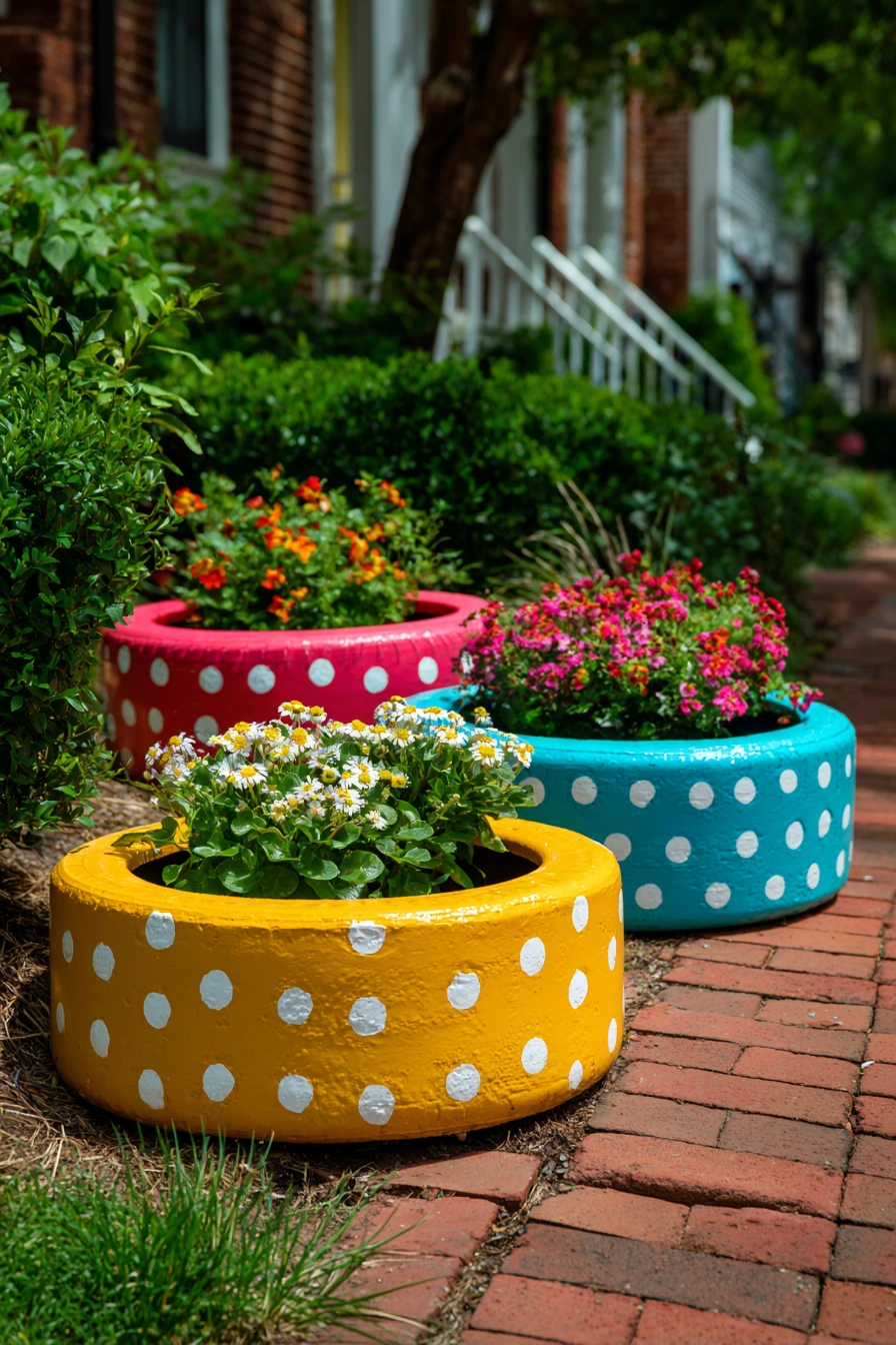 Playful Polka Dot Tire Planters