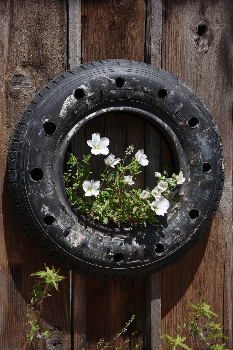 Rustic Tire Wall Planter Accent
