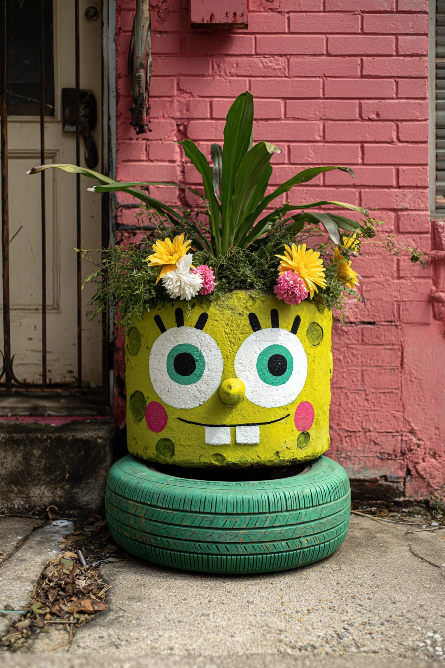 Cheerful Character Tire Planter Art