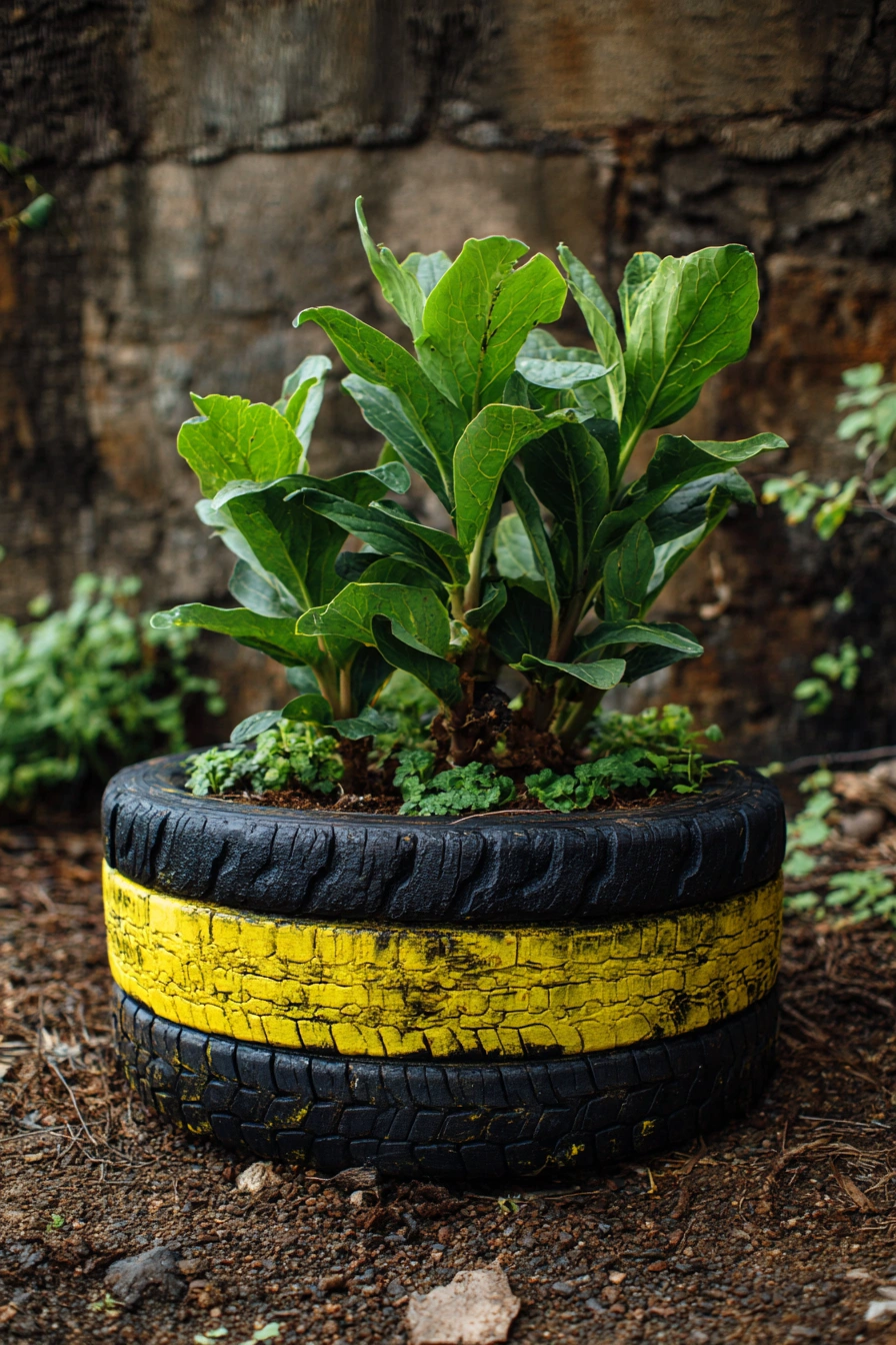 Bold Striped Tire Planter Decor