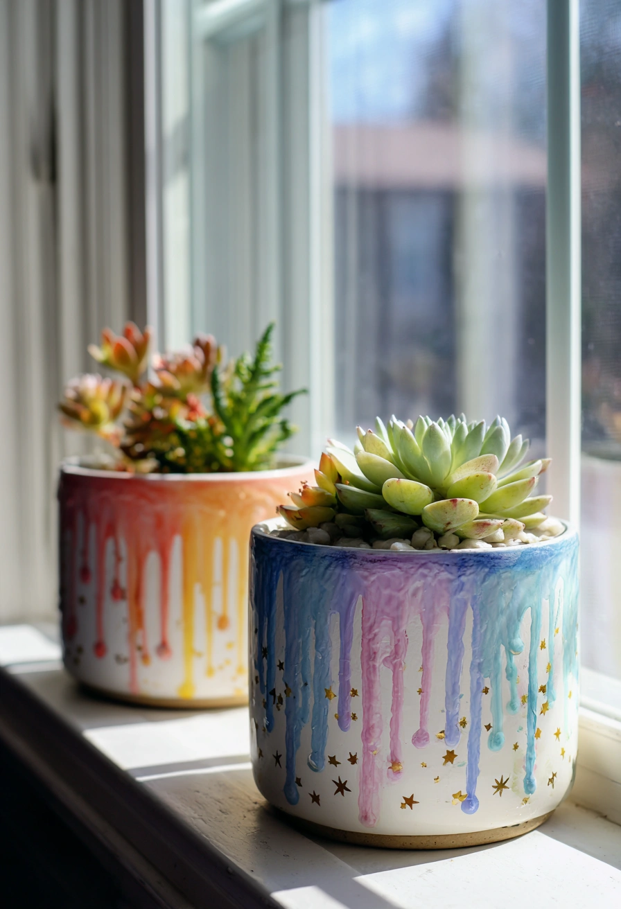 Whimsical Drip-Paint Succulent Pots