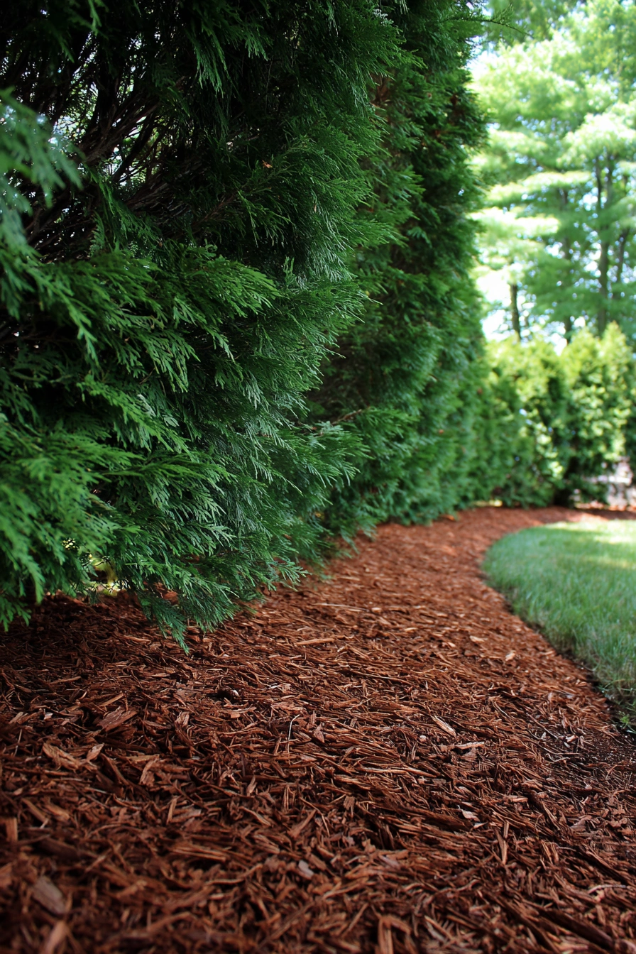 Sun-Loving Evergreens with Mulched Perfection