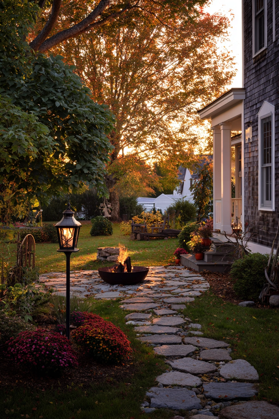 Cozy Fire Pit Garden with Evergreens