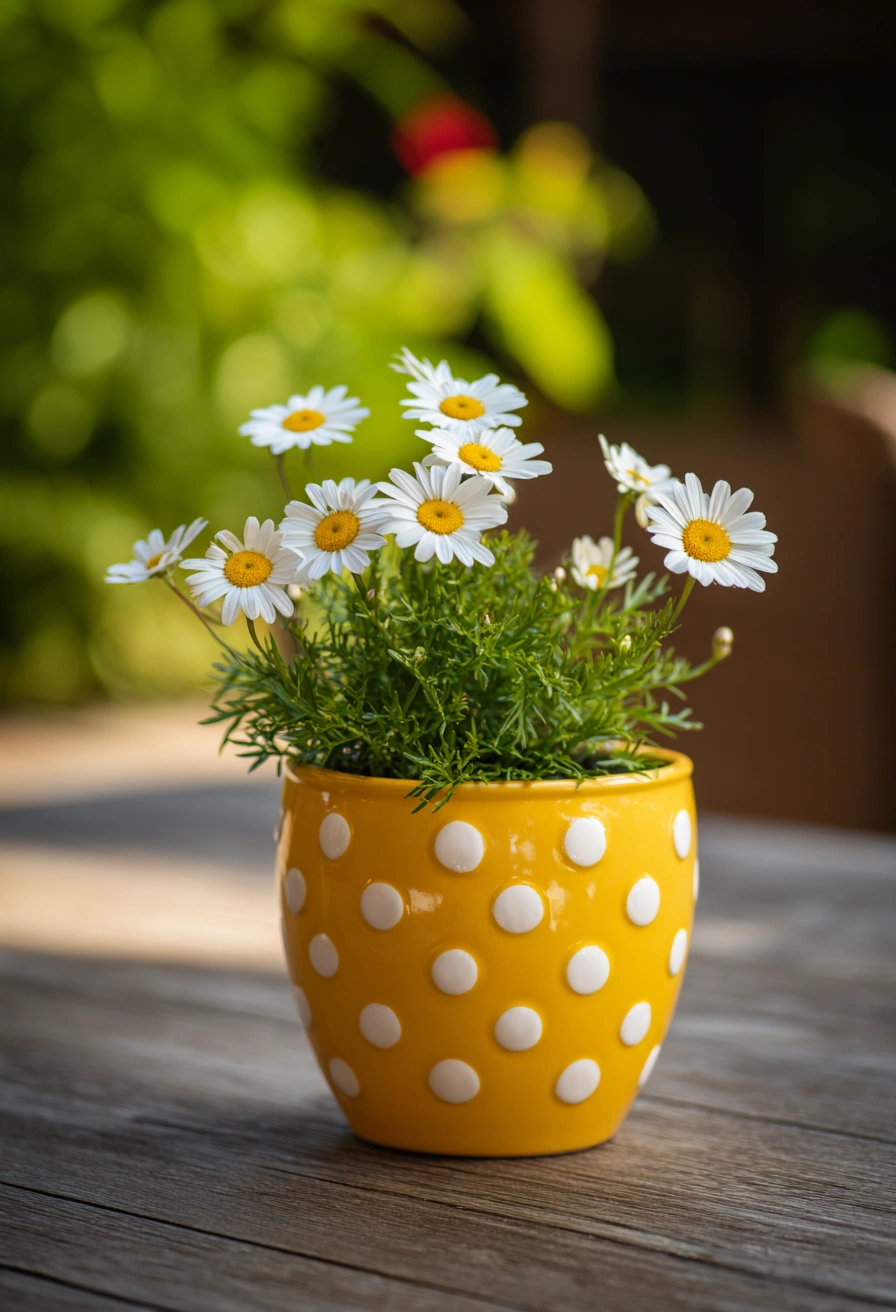 Sunny Polka Dot Pot with Daisies