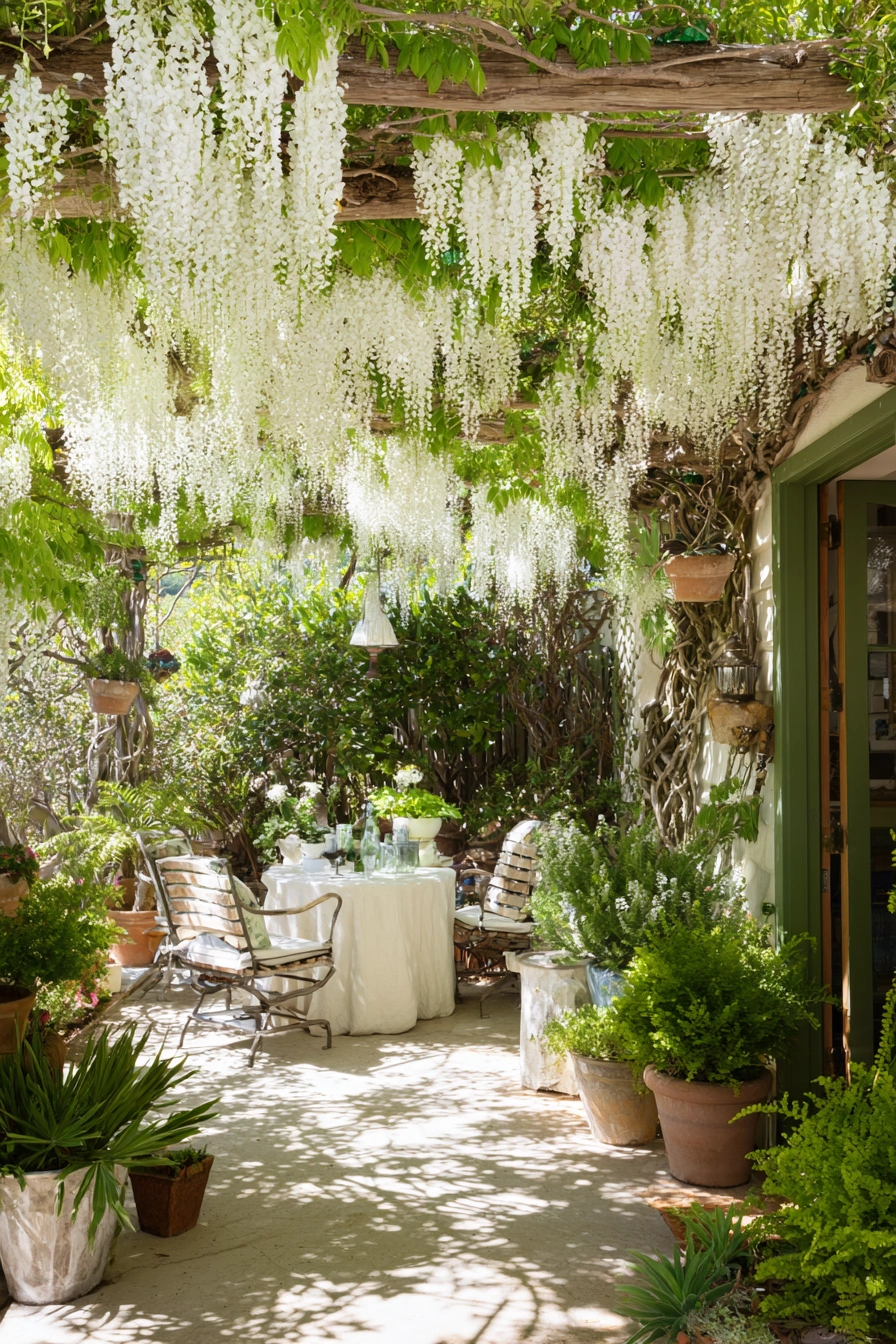 Romantic Patio Under Wisteria Blooms