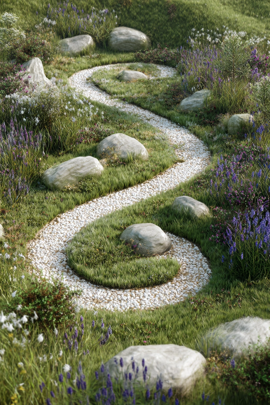 Winding Pebble Path Through a Wildflower Garden
