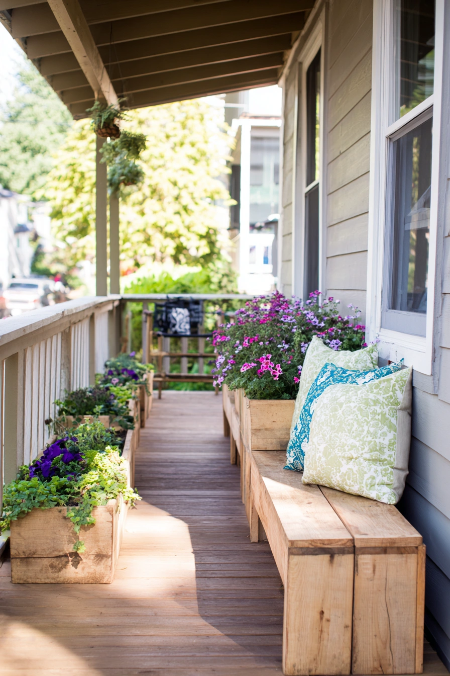 Narrow Porch with Built-In Planter Benches