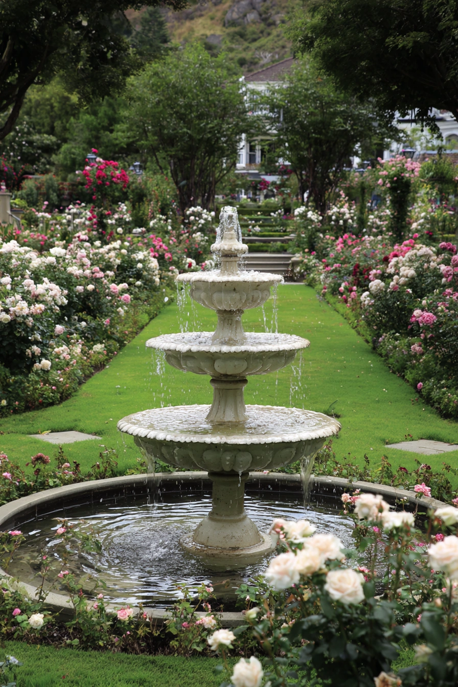 Elegant Rose Garden with Classic Fountain