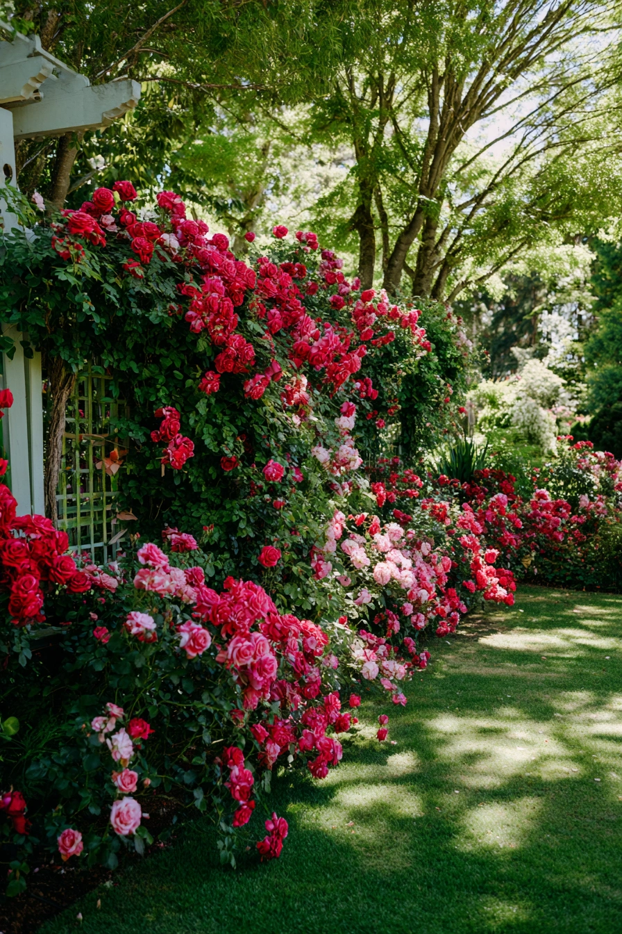 Lush Rose Wall Along the Lawn