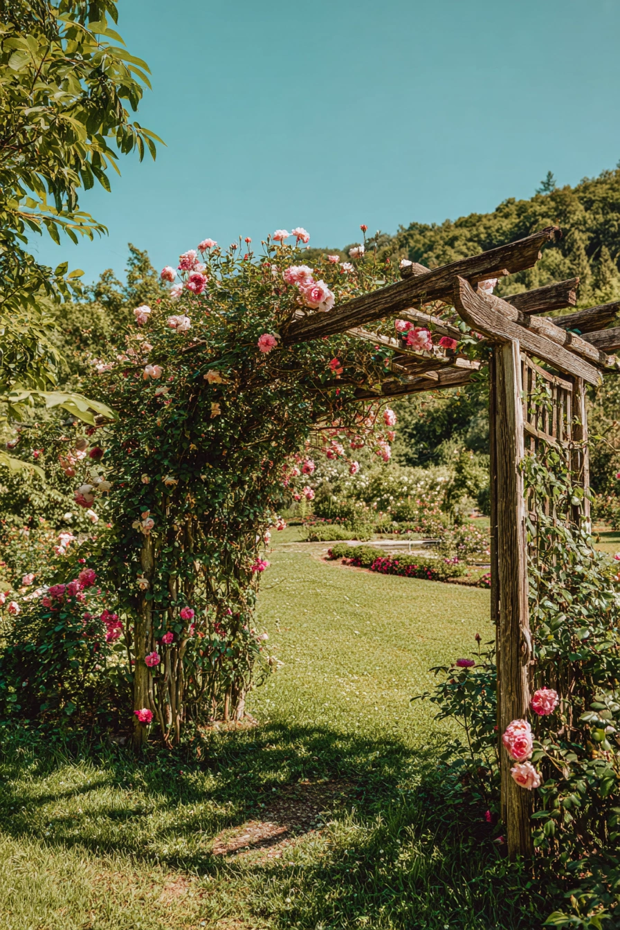 Rustic Rose-Covered Garden Pergola