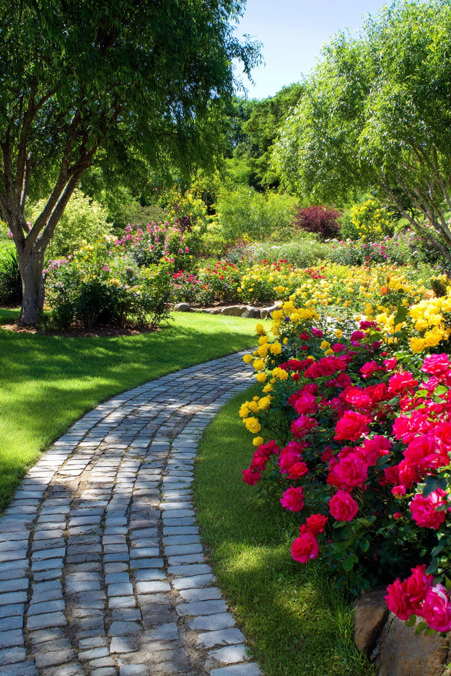 Sunny Rose Border Along Cobblestone Path