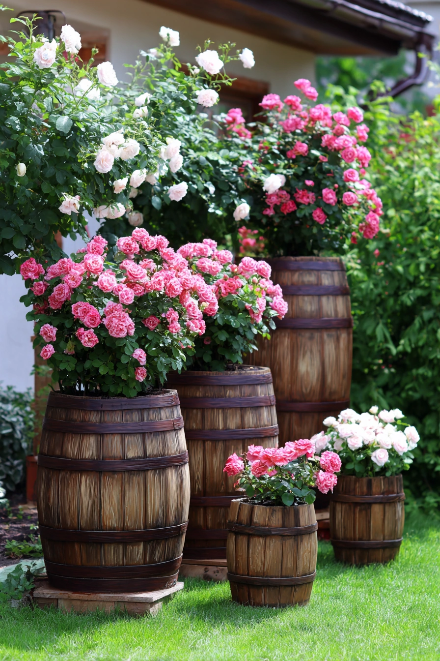 Rustic Barrel Planters with Blooming Roses