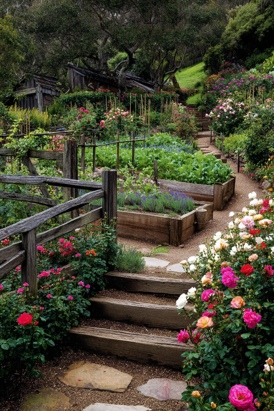 Rustic Rose Garden with Raised Beds