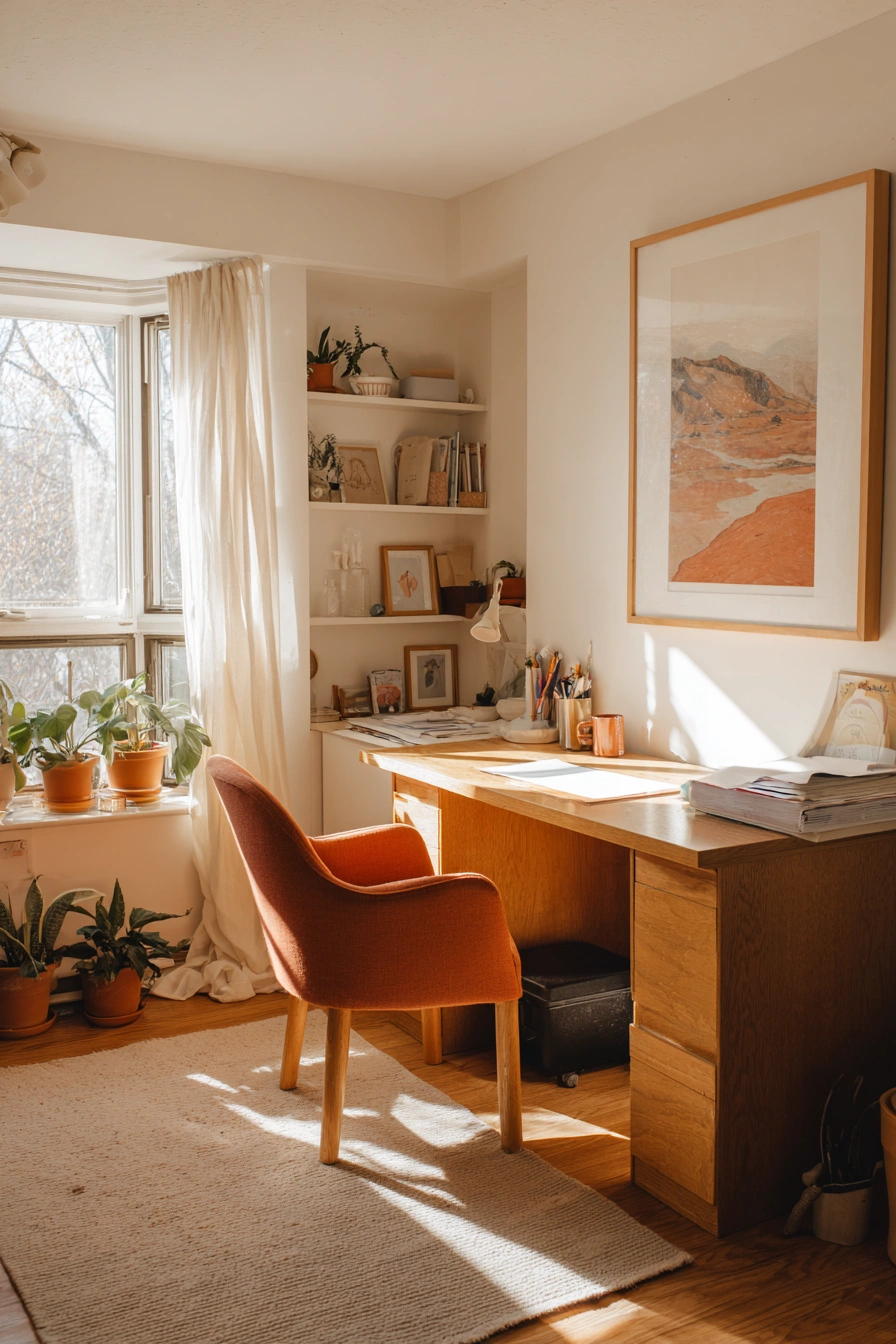 Warm Earth-Toned Workspace with Natural Light