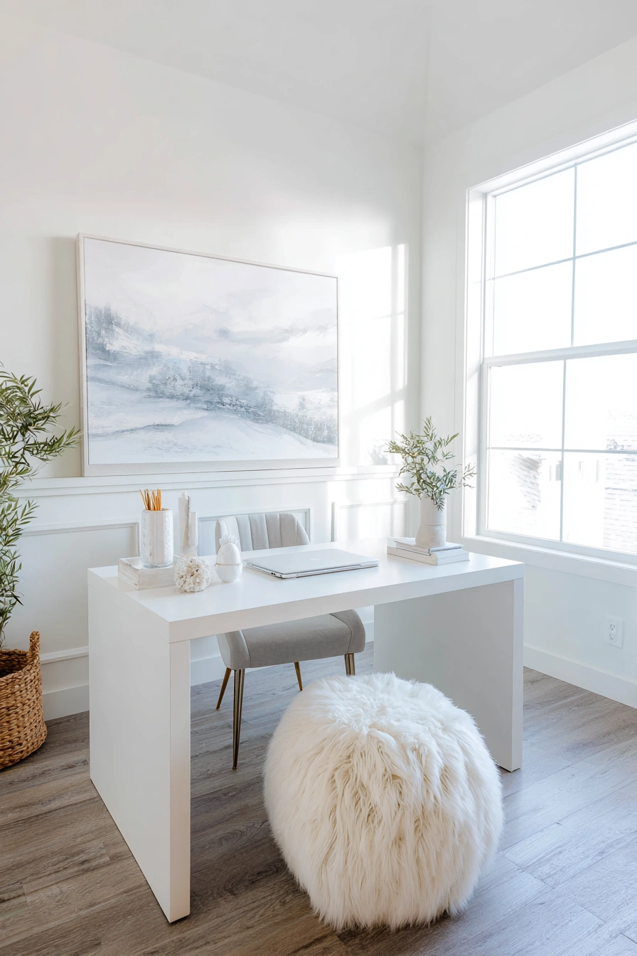 Serene All-White Workspace with Cozy Touches