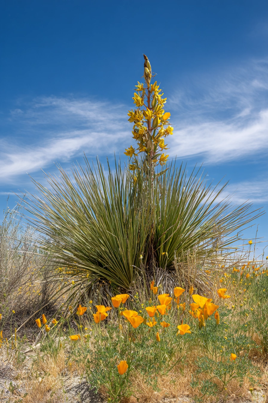Yucca in Bloom with Desert Wildflowers
