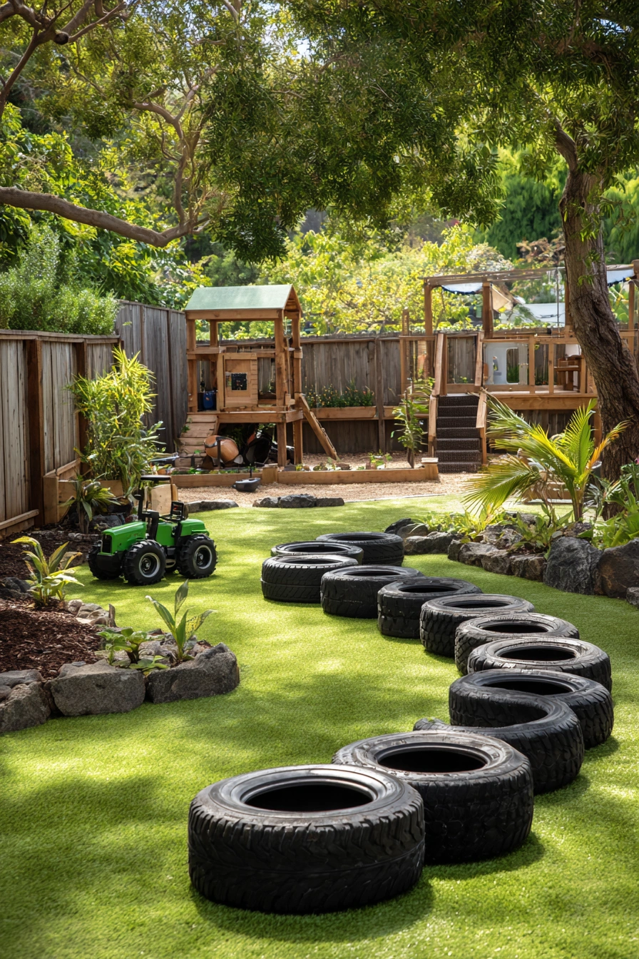 Backyard Tire Obstacle Play Zone