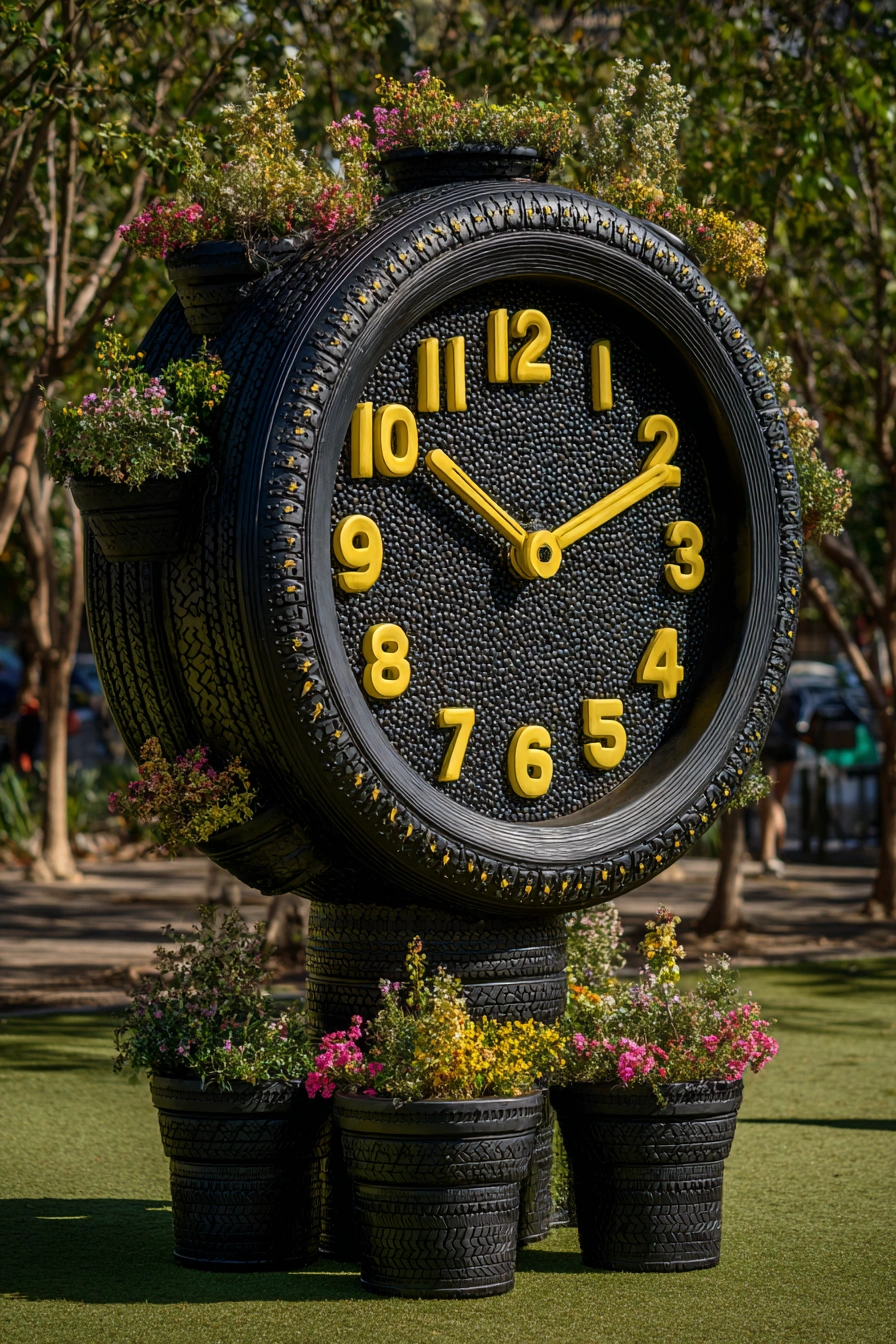 Garden Tire Clock Sculpture